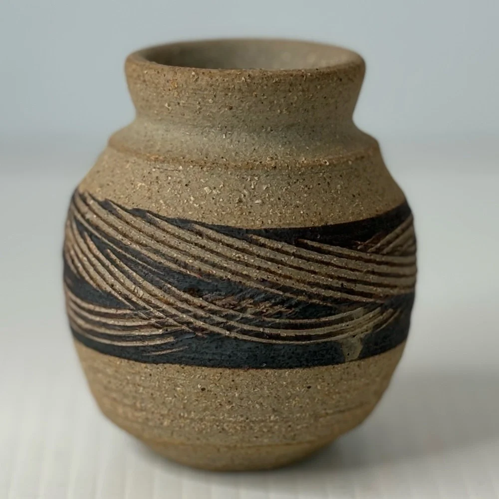 Handmade Studio Art Pottery Vase Vessel Sand Texture Etched Design Artist Signed